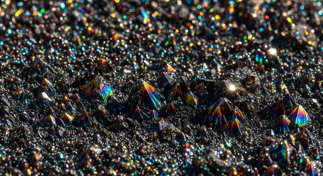Closeup view of iridescent mineral crystals with rainbow colors reflecting light