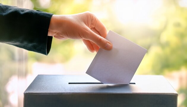 hand drops a blank ballot into a sealed box slot in soft daylight close up with shallow depth of field for a neutral modern look concept civic participation and election messaging for banners