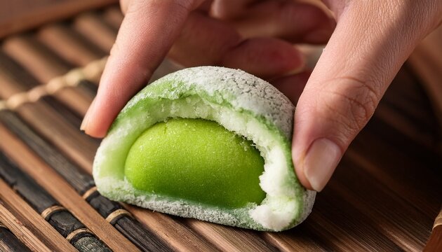 hand pulling soft japanese mochi rice cake revealing sticky green filling inside