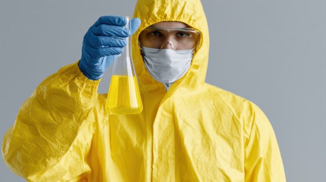 Anonymous scientist analyzing contaminated water sample after fictional environmental catastrophe