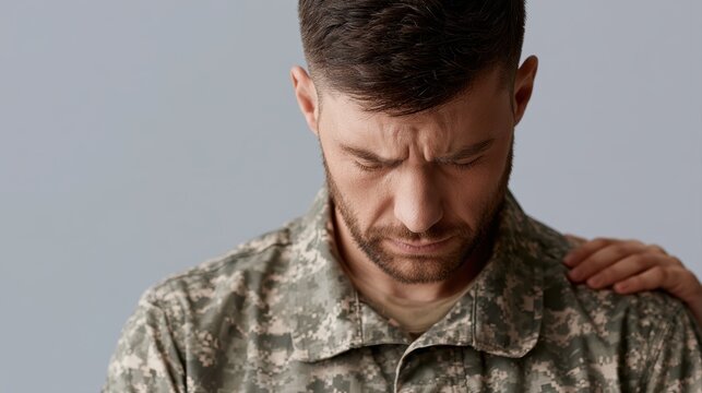 military man sitting with face covered while someone comforts him with hand on shoulder, emotional support concept