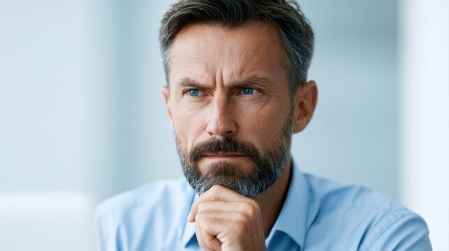 serious businessman working on laptop in modern office, touching chin thoughtfully, focused corporate portrait
