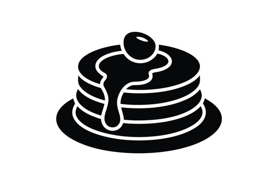 Minimalist Black Icon of a Stack of Pancakes with Maple Syrup Drip Isolated on White Background