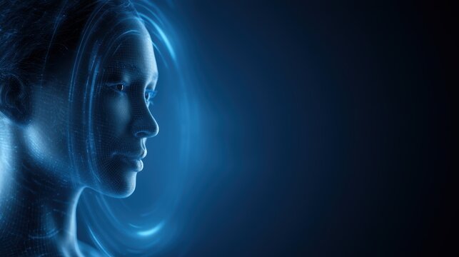 AI assistant interface with holographic avatar, futuristic customer service technology background