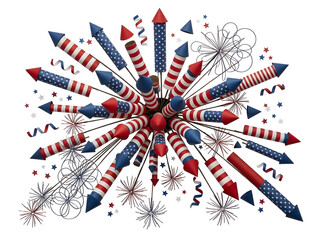 Fototapeta premium Patriotic firework rockets with stars and stripes, red white and blue pyrotechnic crackers, Independence Day celebration explosion on white background