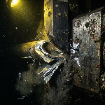 Dramatic Microscopic Close-Up Of Heavy-Duty Subsea Industrial Equipment Breaking Apart In A Dynamic Still Image