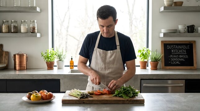Chef Preparing Healthy Plant-Based Meal &ndash; Sustainable Cooking and Gastronomy Concept