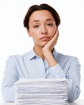 Depressed female office worker overwhelmed with paperwork isolated on white background