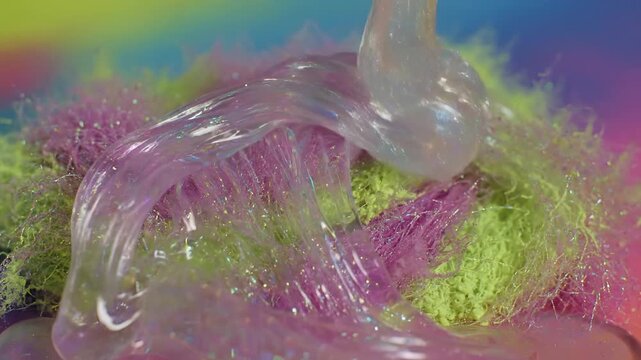 Mesmerizing Slime Play with Colorful Textures and Rainbow Background.