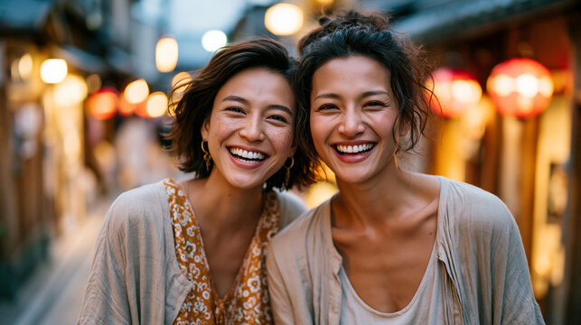 A realistic commercial stock image of two young female friends laughing while walking down a narrow authentic Kyoto alleyway at dusk, close view of the friends in casual summer clo