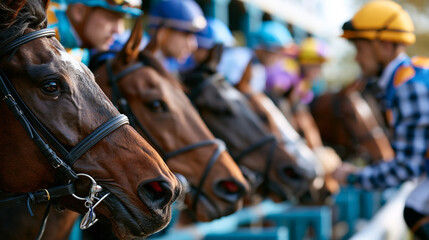 Obraz premium Horses and jockeys wait inside the starting gate before a horse race, tense anticipation on the track in premium photorealistic commercial stock photography