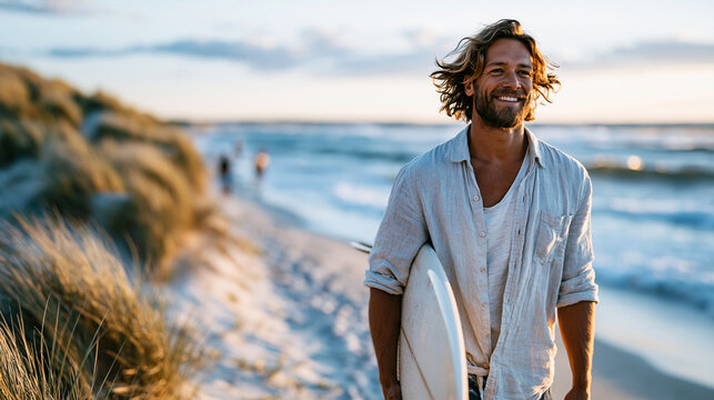 Young Gen Z surfer carrying longboard under arm walking along empty sandy beach at golden hour, casual surf lifestyle aesthetic, loose linen shirt and board shorts, ocean waves sof