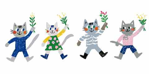 Fototapeta premium Anthropomorphic Cats Holding Branches Whimsical Vector Illustration On White Background