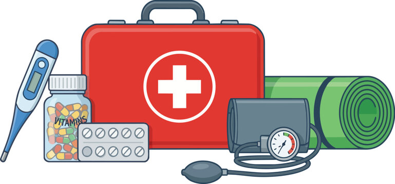 Medical First Aid Kit with Thermometer, Vitamins, Blood Pressure Monitor and Emergency Healthcare Supplies Vector Set Illustration 
