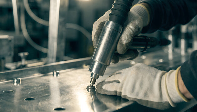 Industrial Worker Using Pneumatic Riveting Tool on Metal Sheet Assembly