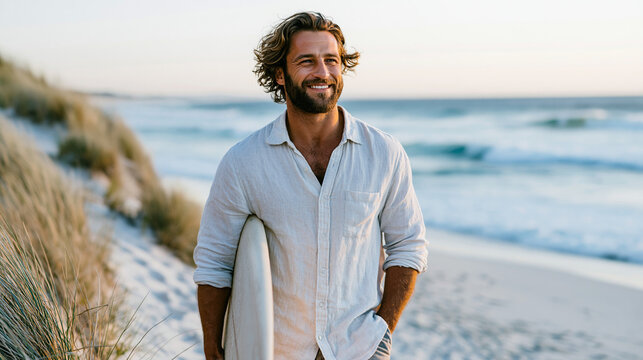 Young Gen Z surfer carrying longboard under arm walking along empty sandy beach at golden hour, casual surf lifestyle aesthetic, loose linen shirt and board shorts, ocean waves sof