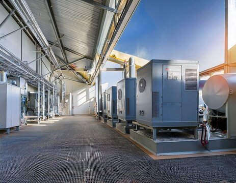 a series of large industrial air handling units in a plant room providing ventilation and climate control for a modern building
