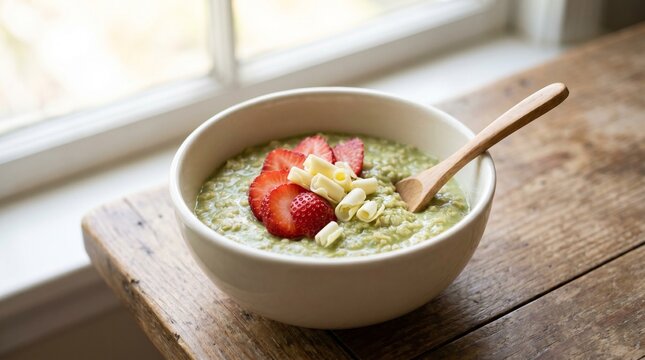 Nourishing green oatmeal bowl adorned with fresh, juicy strawberries and delicate white chocolate shavings, beautifully presented by a sunlit window