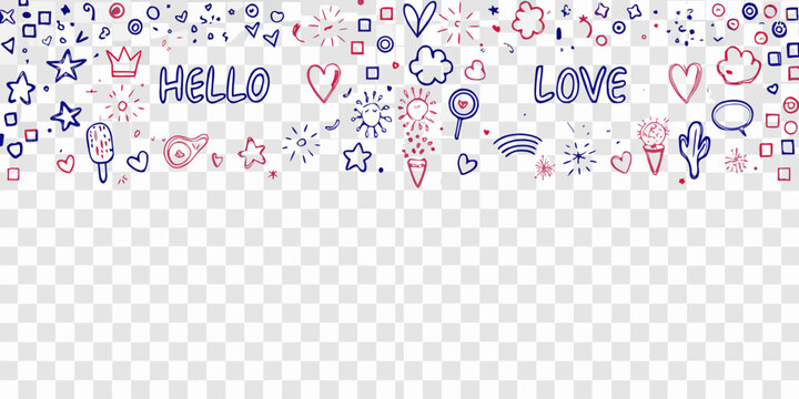 Hand drawn doodles and lettering with hearts transparent background