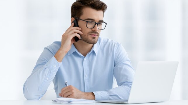 Young businessman sitting at desk talking on phone and taking notes beside laptop, productive workday scene