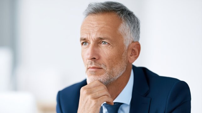 thoughtful mature businessman touching chin at workplace, serious office portrait with copy space