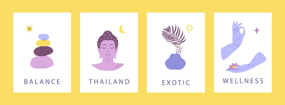 Minimalist zen poster set with exotic spa and yoga elements. Modern wellness wall art bundle with zen stones balance, buddha, palm leaf in vase and mudra hands 