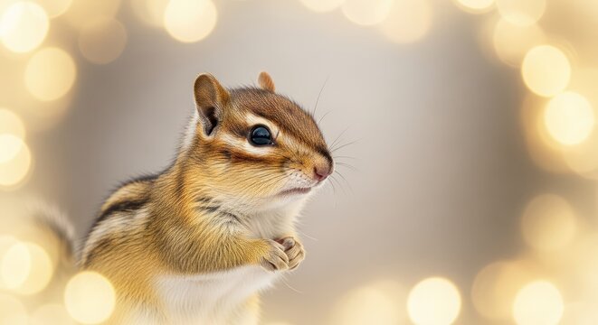 Close up of a curious chipmunk with bokeh lights in the background