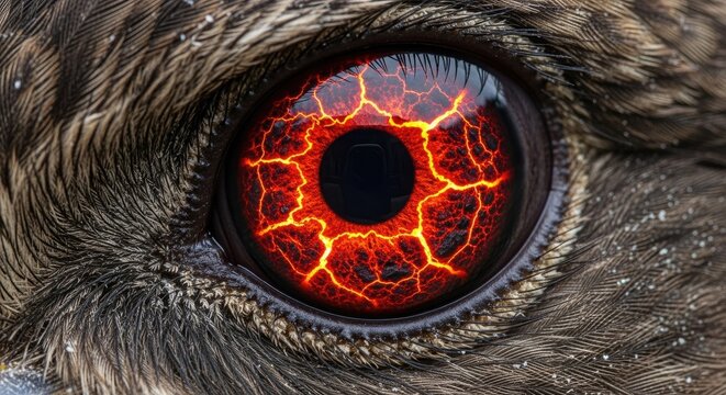 Close up of bird eye with striking fiery pattern and textured feathers