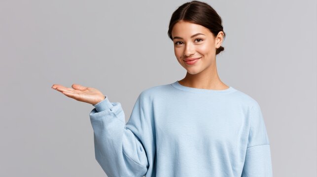 Young woman confidently presenting product with open palm while smiling directly at camera, advertising concept