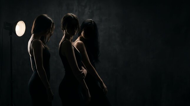 Three women standing in silhouette against a dark studio background with dramatic rim lighting effect