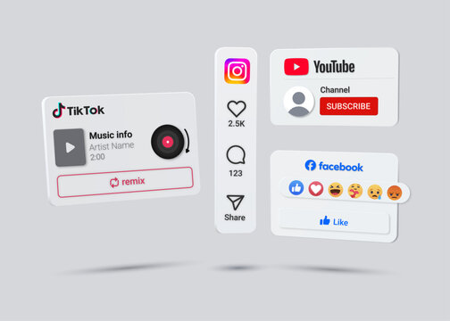 TikTok Music Card, Instagram Interface like comment share logo, YouTube Subscribe Button, Facebook Reaction Card, Social Media Notification.