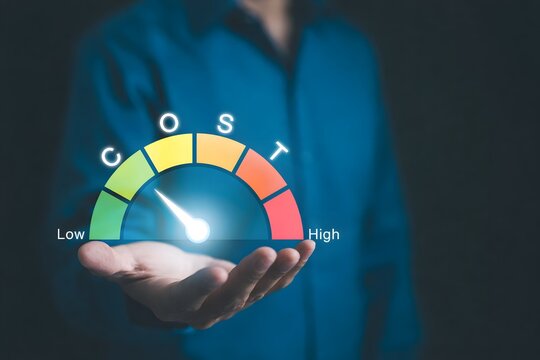 Cost management concept. Cost efficiency analysis, Cost reduction, Businessman analyzing cost efficiency with a virtual gauge. Effective business, Expense reduce, financial management and budgeting,