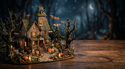 Obraz premium Miniature haunted house with glowing pumpkins and bats in a dark forest setting for Halloween decoration
