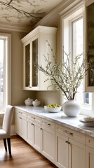 Fototapeta premium Elegant breakfast nook with cream cabinetry, marble countertop, large windows, wooden floor, and floral arrangement creates serene morning