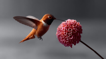 Fototapeta premium Side view of vibrant hummingbird hovering near pink dahlia flower, delicate wings in motion, soft gray background, nature beauty
