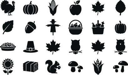 Thanksgiving And Autumn Silhouette Icons Set On White Background © Razaul Islam