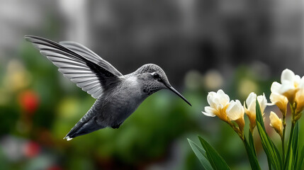 Fototapeta premium Hummingbird bird flower flying nature wildlife garden nectar colorful wing hovering outdoor spring green yellow white beak animal pollination