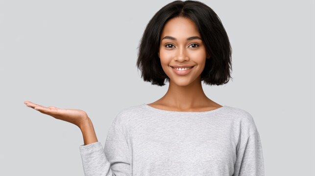 Young woman confidently presenting product with open palm while smiling directly at camera, advertising concept
