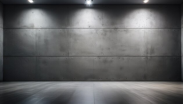 abstract concrete walled room with lit backwall and rough flooring for gallery space