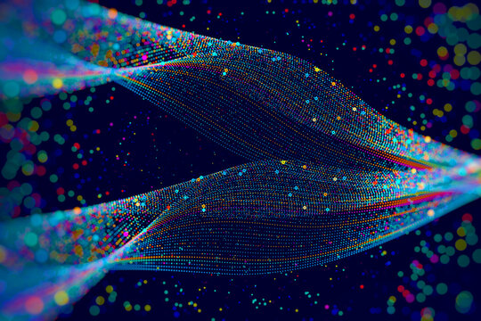 Abstract fluid data wave with colorful digital particles, big data streams and artificial intelligence structure.