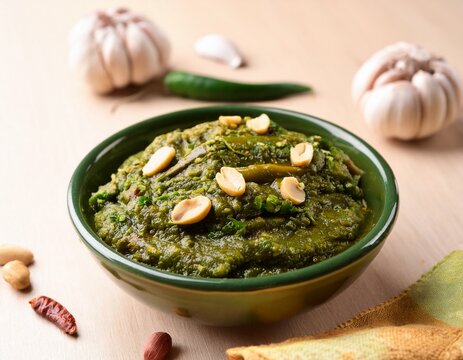 hirvi mirchi cha thecha is a popular dry green chutney from maharashtra made with garlic chili and peanuts