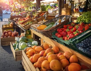 Obraz premium stand with fresh fruits and vegetables at the farmers market