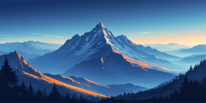 Sunset and sunrise over snowy mountain landscape in the Himalayas with forests, valleys, clouds, alpine peaks, winter fog, and panoramic nature views 