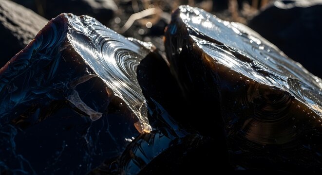 Closeup of two large, dark, glassy obsidian rocks with swirling patterns and reflections