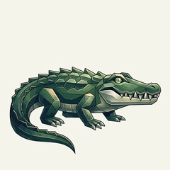 Fototapeta premium A green cartoon crocodile illustration with sharp teeth and claws stands on land.