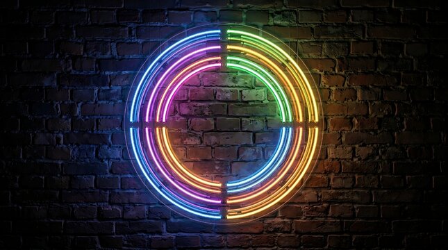 Vibrant circular neon light sign with rainbow gradient colors glowing brightly against a dark textured rustic brick wall background surface