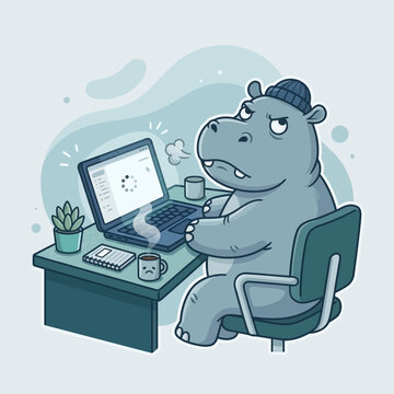 A cartoon hippo sitting at a desk with a laptop looks stressed