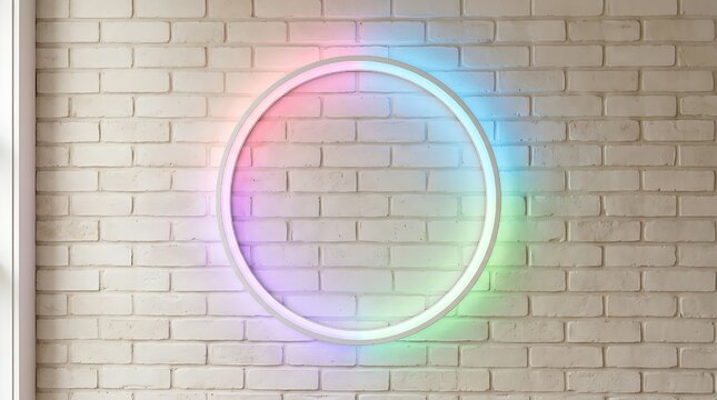 A circular neon light frame featuring vibrant gradient colors mounted on a textured white brick wall in a modern room
