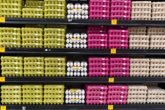 Villa de Alvarez, Colima. Mexico. May 15, 2026: Stacked Carton Packages of White Egg Products on Grocery Store Shelving