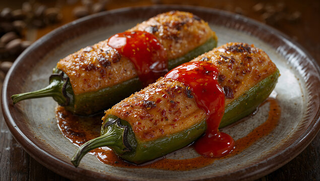 Two stuffed poblano peppers topped with rich red sauce served on a rustic ceramic plate chile relleno mexican food comfort food main course traditional authentic homemade culinary gastronomy